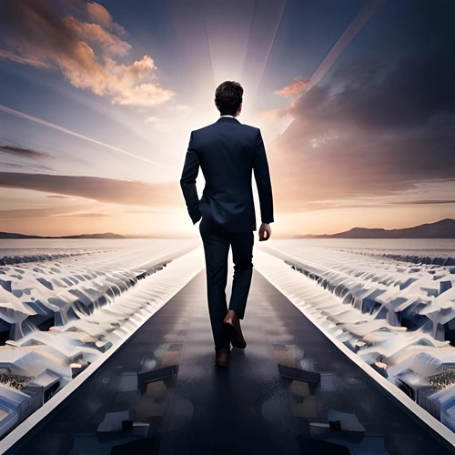 A man seen from behind walking towards his answers