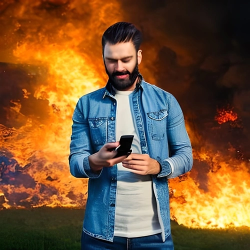 A man betting with fire behind him