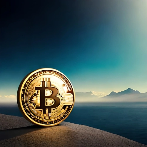A Bitcoin coin in the mountains