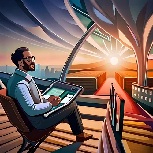A cryptocurrency broker sitting on a terrace making a sale