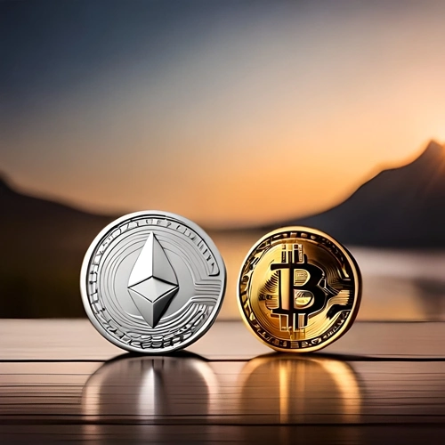 An Ethereum coin and a Bitcoin coin