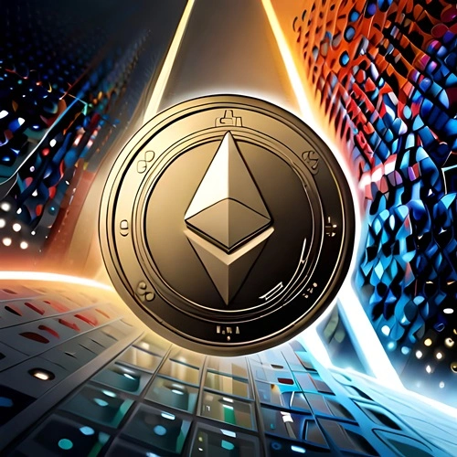 An Ethereum coin in a futuristic space