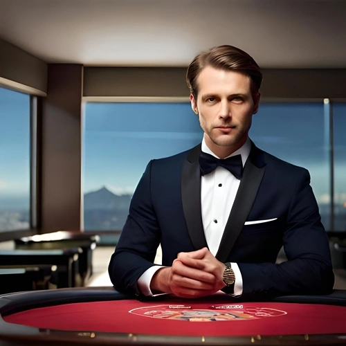 A casino croupier welcoming you