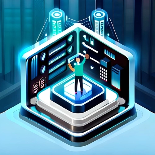 Logo representing a man putting his assets into a digital wallet