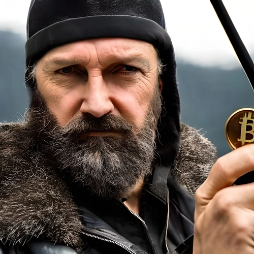 A man holding a cryptocurrency coin in his hand