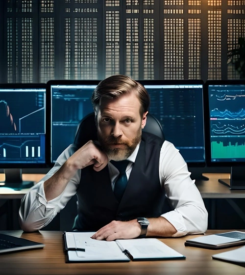 A man looking at us, in the middle of a trading room