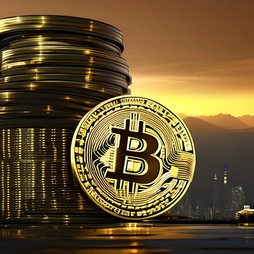 A stack of cryptocurrency coins
