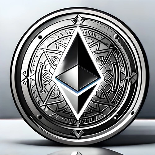 A silver Ethereum coin in full screen