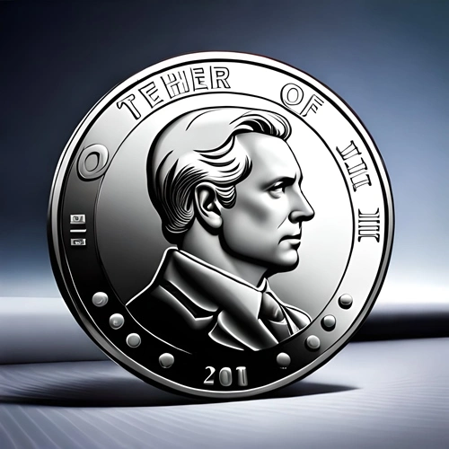 A close-up of a silver Tether coin