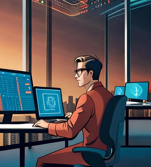 A trader sitting, very serious, buying and selling options