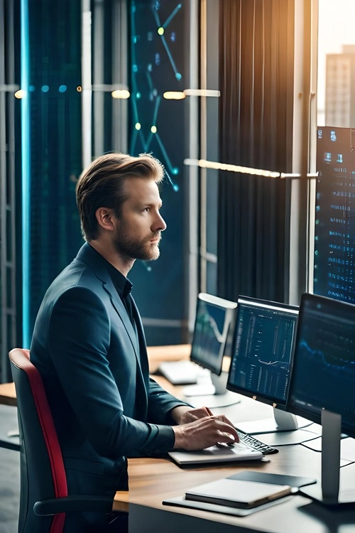 An options contract trader in front of his screens